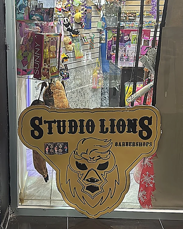 Entrada del estudio: el letrero de madera de Studio Lions con el león enmascarado frente a una vitrina iluminada
