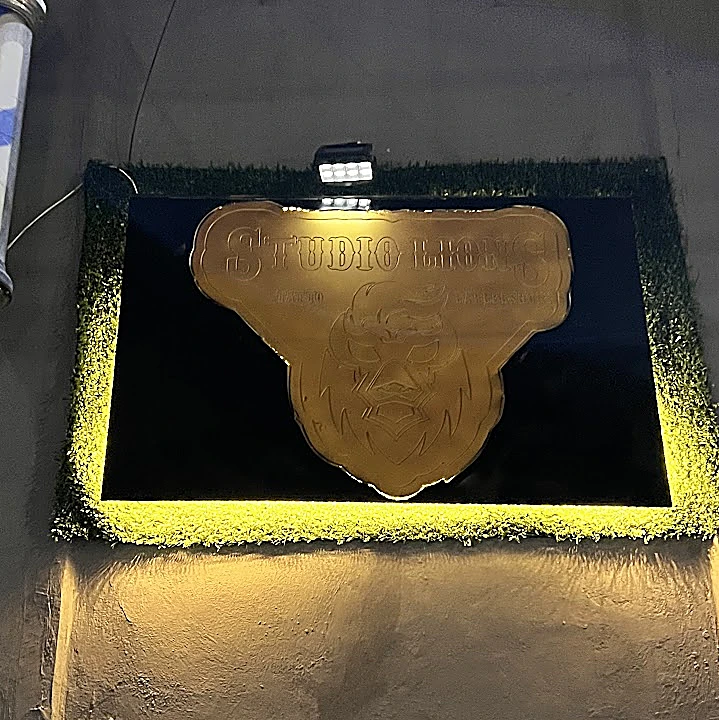 Placa dorada con la silueta del escudo de Studio Lions, iluminada en un nicho del muro exterior
