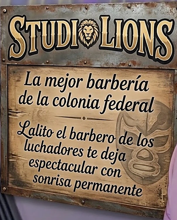 Placa de metal envejecido con el logo de Studio Lions: La mejor barbería de la colonia federal. Lalito el barbero de los luchadores te deja espectacular con sonrisa permanente
